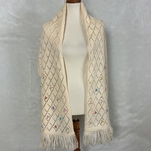 Vintage 60s 70s Ivory Wool Open Knit Rose Embroidered Fringe Wrap Shawl Scarf - Picture 1 of 6